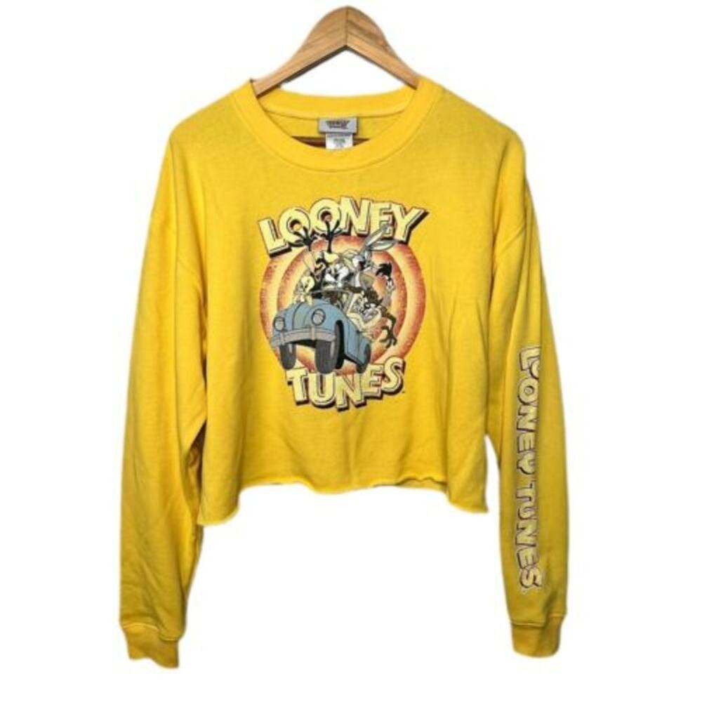 Looney Tunes Cropped Sweatshirt Pullover Crew Neck Graphic Print Yellow Small